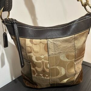 Vintage Coach Patchwork Shoulder Bag Brown Beige Signature Canvas Suede Bottom